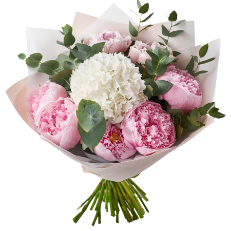 Errötender Pfingstrosen- und Hortensienstrauß