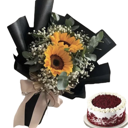 Sonnige Sonnenblumen und roter Samtkuchen