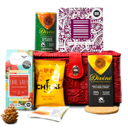 Der vegetarische Geschenkkorb mit Tee und Schokolade