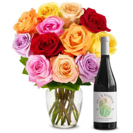 Regenbogenrosen und Rotwein